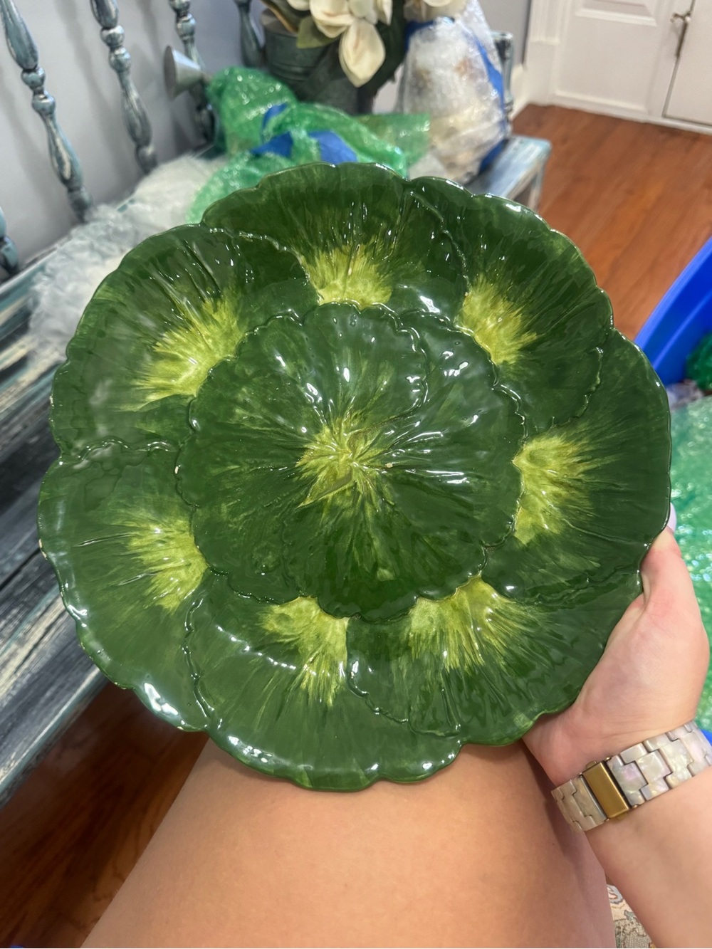 Green Glazed Ceramic Cabbage Leaf Serving Plate